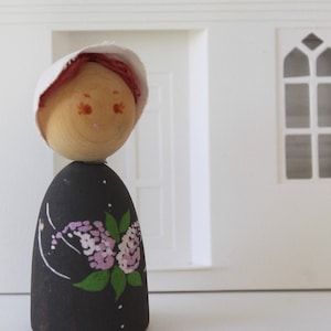 Vintage Swedish Wooden Girl Figure with Painted Lilac Design, Vintage Wooden Doll Souvenir from Sweden