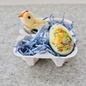 Vintage Small Spun Cotton Easter Chick and Metal Easter Egg in Egg Carton, Vintage Chick and Tin Lithograph Easter Egg, Vintage Easter