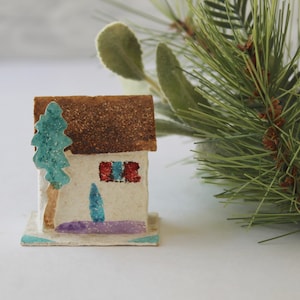 Vintage Small Cardboard Sugar Glitter House Christmas Tree Ornament, Vintage Miniature Paper House Ornament