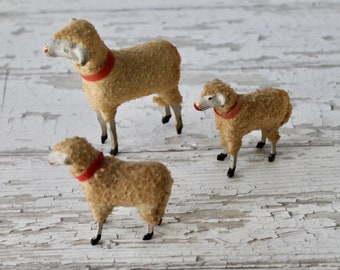 Vintage Lot of 3 German Spun Cotton Putz Stick Leg Sheep