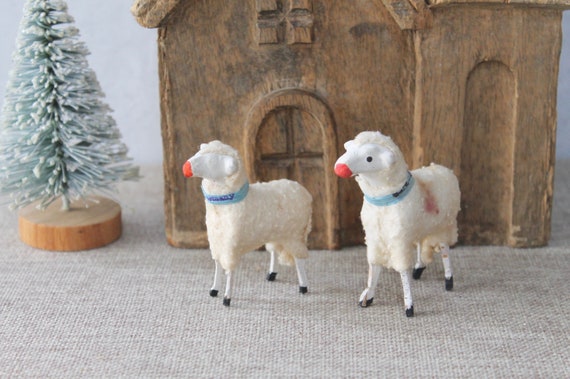 Vintage Pair of German Cotton Putz Stick Leg Sheep, Vintage Easter