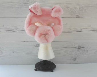 Vintage Furry Pink Pig Child's Halloween Mask, Vintage Pig Halloween Mask