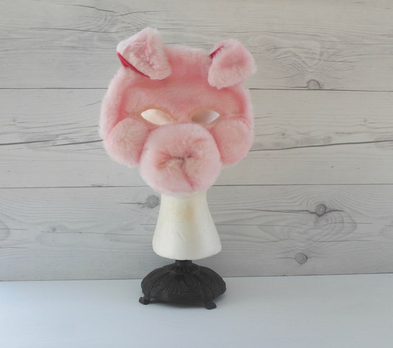 Vintage Furry Pink Pig Child's Halloween Mask, Vi… - image 1