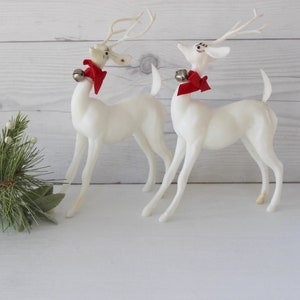 Mid Century Pair of White Rubbery Plastic Reindeer Figures, Vintage Christmas Reindeer
