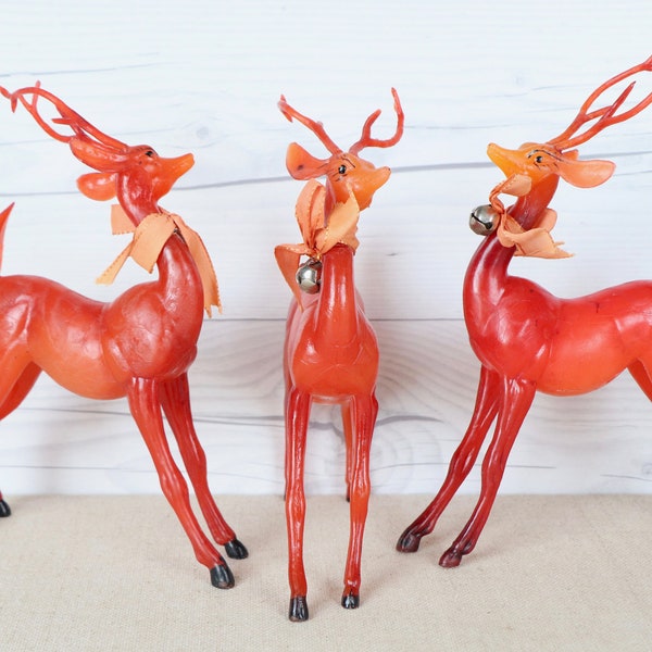 Mid Century Set of 3 Brown Rubbery Plastic Reindeer Figures, Vintage Christmas Reindeer