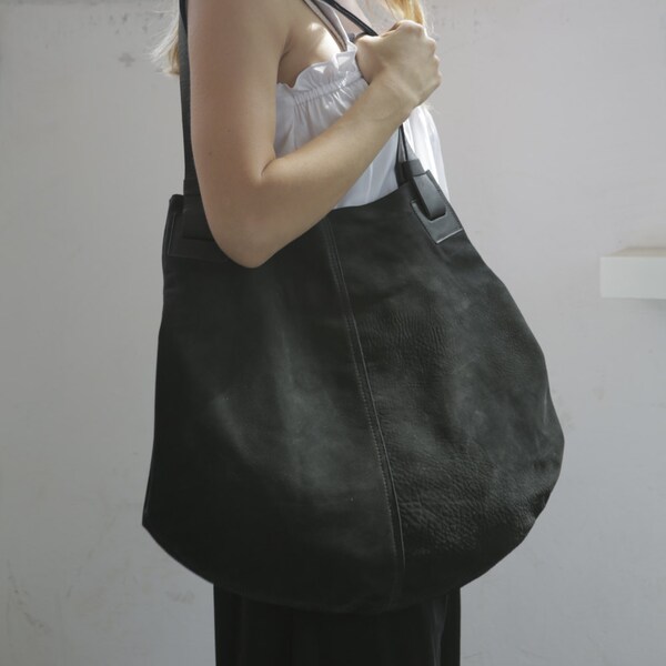 Black Leather Tote Bag, Black Handbag, Soft Leather Bag, Big Black Nubuck Leather Bag, Shoulder Bag, Timeless Gifts for Her - Carolina Bag