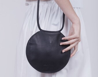 Round Black Leather Bag, Circle Bag, Round Bag, Round Evening Clutch, Circle Crossbody Bag, Round Purse, Unique Shoulder Bag, Gift for Her