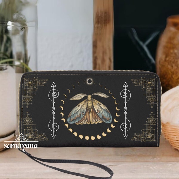 Mystical Butterfly Wallet, Mystical Butterfly Moon Wallet, Witchcore Wallet, Moon Zipper Clutch Wallet, Dark Cottagecore Wallet Witch Wallet