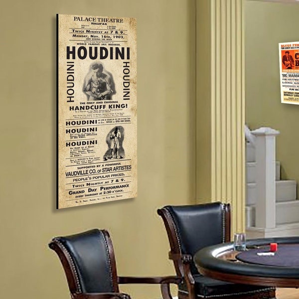 Houdini Vintage Magician Poster Art, 1903 World Famous Jail Breaker Printed on 1/2 Inch Wood, 15x36 inches