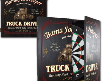 Truck Driver Dartboard & Wood Cabinet Set, Personalized, 21.5” x 21”