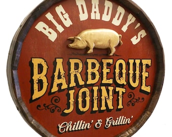 BBQ Barbecue Joint Sign Quarter Barrel Head, Personalized, 3D Pig Relief 21"