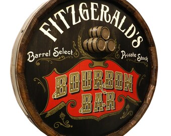 Bourbon Bar Sign Quarter Barrel Head, Personalized, 3D Stacked Barrels Relief, 21"