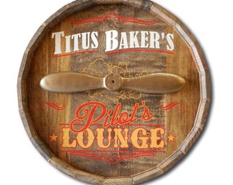 Pilot's Lounge Sign Quarter Barrel Head with 3D Propeller Relief, Personalized, 21"