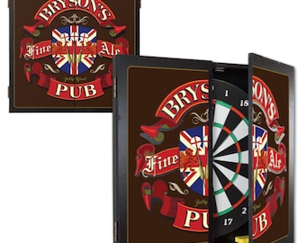 English Pub Dartboard & Wood Cabinet Set, Personalized, 21.5” x 21”