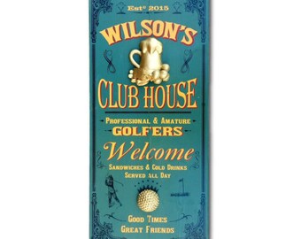 Golf Clubhouse Sign, Personalized, Wood, 3D Beer Mug and Golf Ball Reliefs, 24"x11"