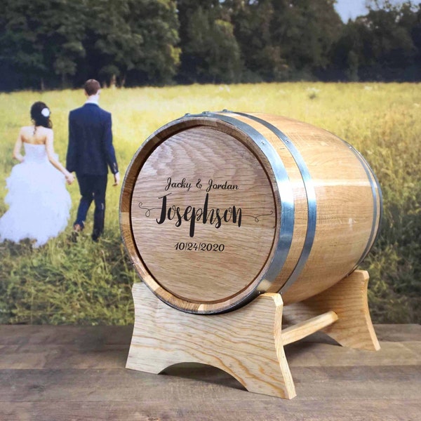 Wedding Barrel Card Holder with Stand, Personalized Names and Date, Hand crafted, American Oak Wood, Laser Engraved