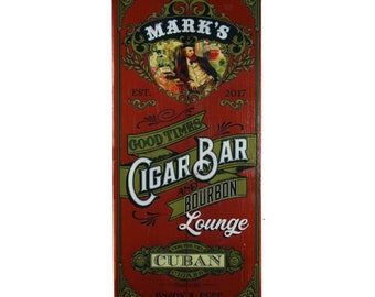 Cigar Bar and Bourbon Lounge Sign, Personalized, Handcrafted, Wood, 24"x11"