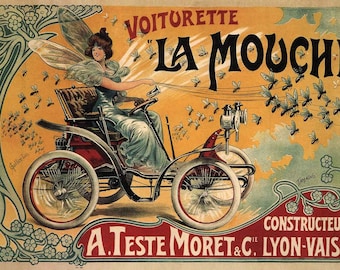 Automobile Vintage Ad Poster Art, 1900's La Mouche Printed on 1/2 Inch Wood 12x18, 18x27, or 24x36 Inches