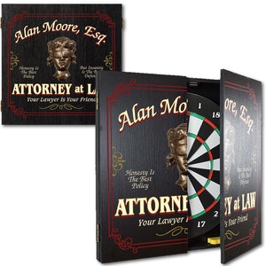 Attorney at Law Dartboard & Wood Cabinet Set, Personalized, 21.5” x 21”