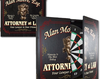 Attorney at Law Dartboard & Wood Cabinet Set, Personalized, 21.5” x 21”