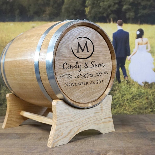 Wedding Barrel Card Holder with Stand, Personalized Names, Initial, and Date, Hand crafted, American Oak Wood, Laser Engraved