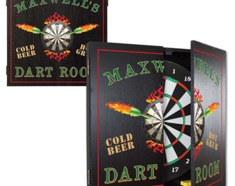 Flaming Darts Dart Room Dartboard & Wood Cabinet Set, Personalized, 21.5” x 21”