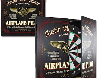 Airplane Pilot Dartboard & Wood Cabinet Set, Personalized, 21.5” x 21”