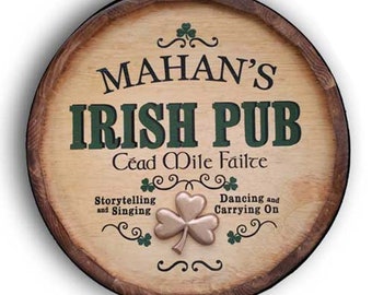 Irish Pub Sign Quarter Barrel Head with 3D Shamrock Relief, Personalized, 21"