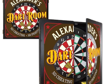 Dart Room Dartboard & Wood Cabinet Set, Personalized, 21.5” x 21”