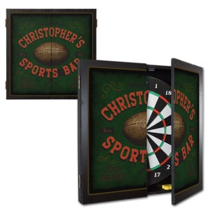 Football Sports Bar Dartboard & Wood Cabinet Set, Personalized, 21.5” x 21”