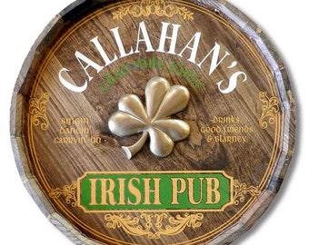 Irish Pub Sign Quarter Barrel Head with 3D Shamrock Relief, Personalized, 21"