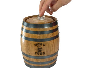 Mom's Beer Fund Oak Barrel Bank, Piggy Bank, 1 Liter - 6.5"x4.5"