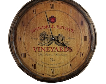 Wine Label Clock, Vineyards Quarter Barrel Clock, Personalized, 21" Diameter