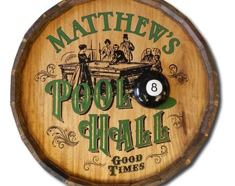 Pool Hall Sign Quarter Barrel Head, Personalized, 3D 8 Ball Relief, 21"