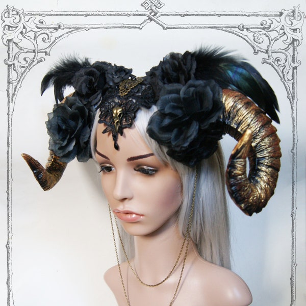 Ram Horn Headdress ( Gold,  Roses, Goth , Fantasy, Headpiece )