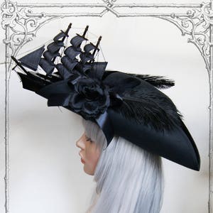 Ship Tricorn ( steampunk, black, hat , Pirate  )