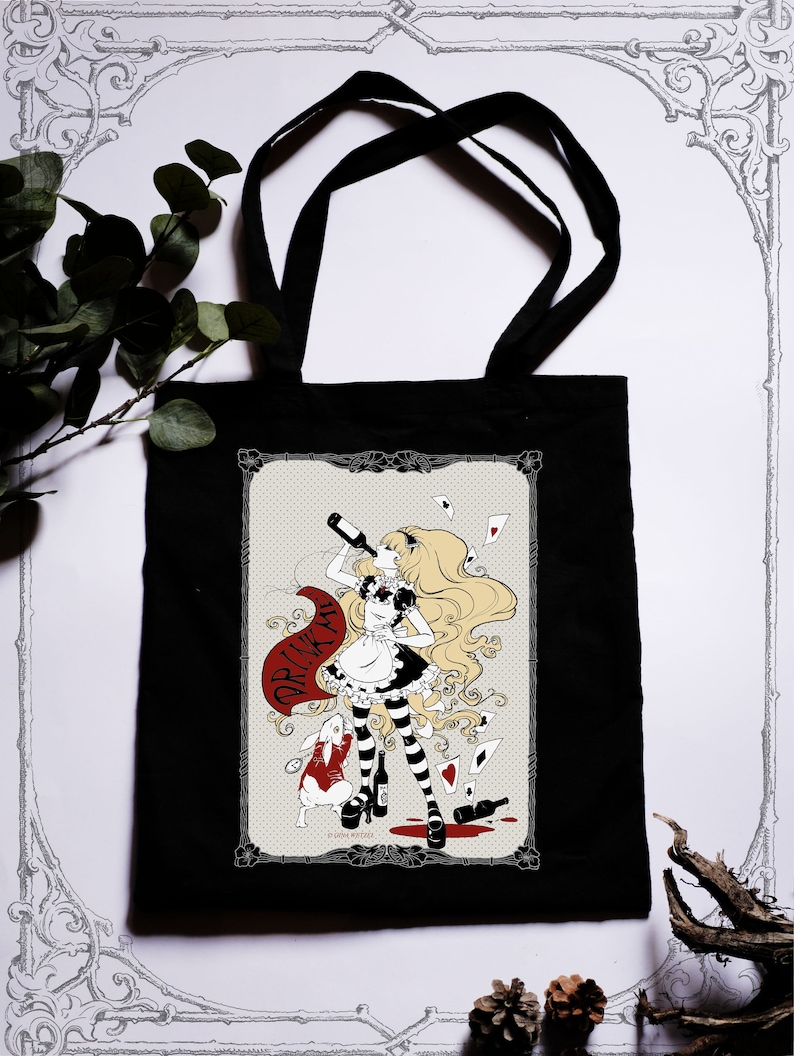 Tote bag Drinke Me Alice in Wonderland, white rabbit, gothic lolita image 1