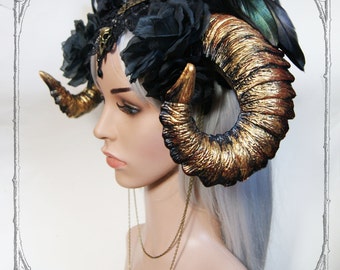 Ram Horn Headdress ( Gold, Roses, Goth , Fantasy, Headpiece