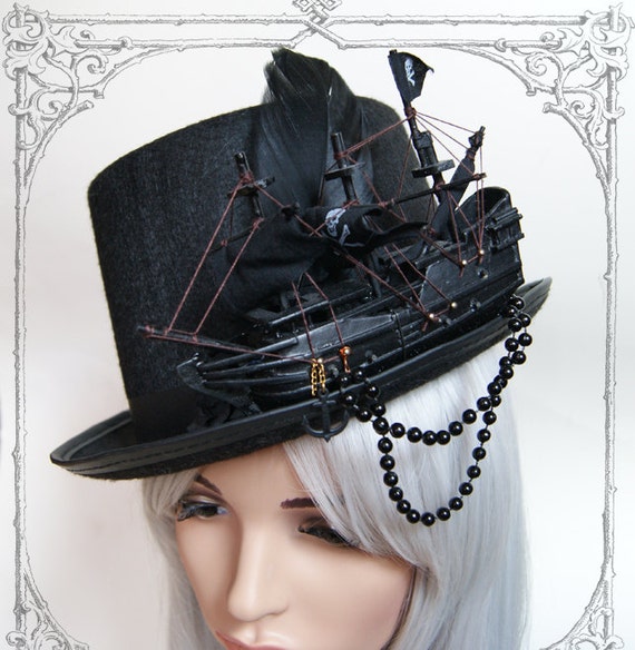 Ship Tophat (goth, Topper, Steampunk, Black, Hat , Pirate