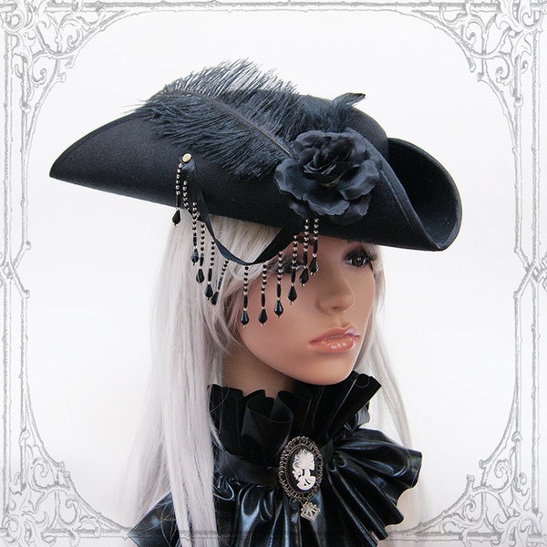 Goth Pirate Tricorn ( steampunk, black, hat )