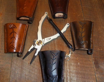 Leather needle nose danco or universal fishing pliers sheath stainless steel hand crafted in USA