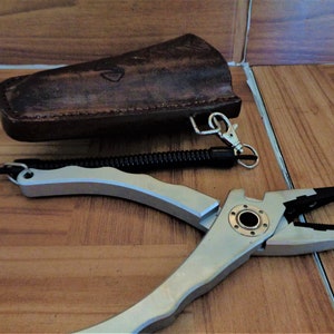 Fishing pliers sheath fits 6 1/2-71/2&quot;  danco needle nose pliers  leather stainless steel hand crafted in USA