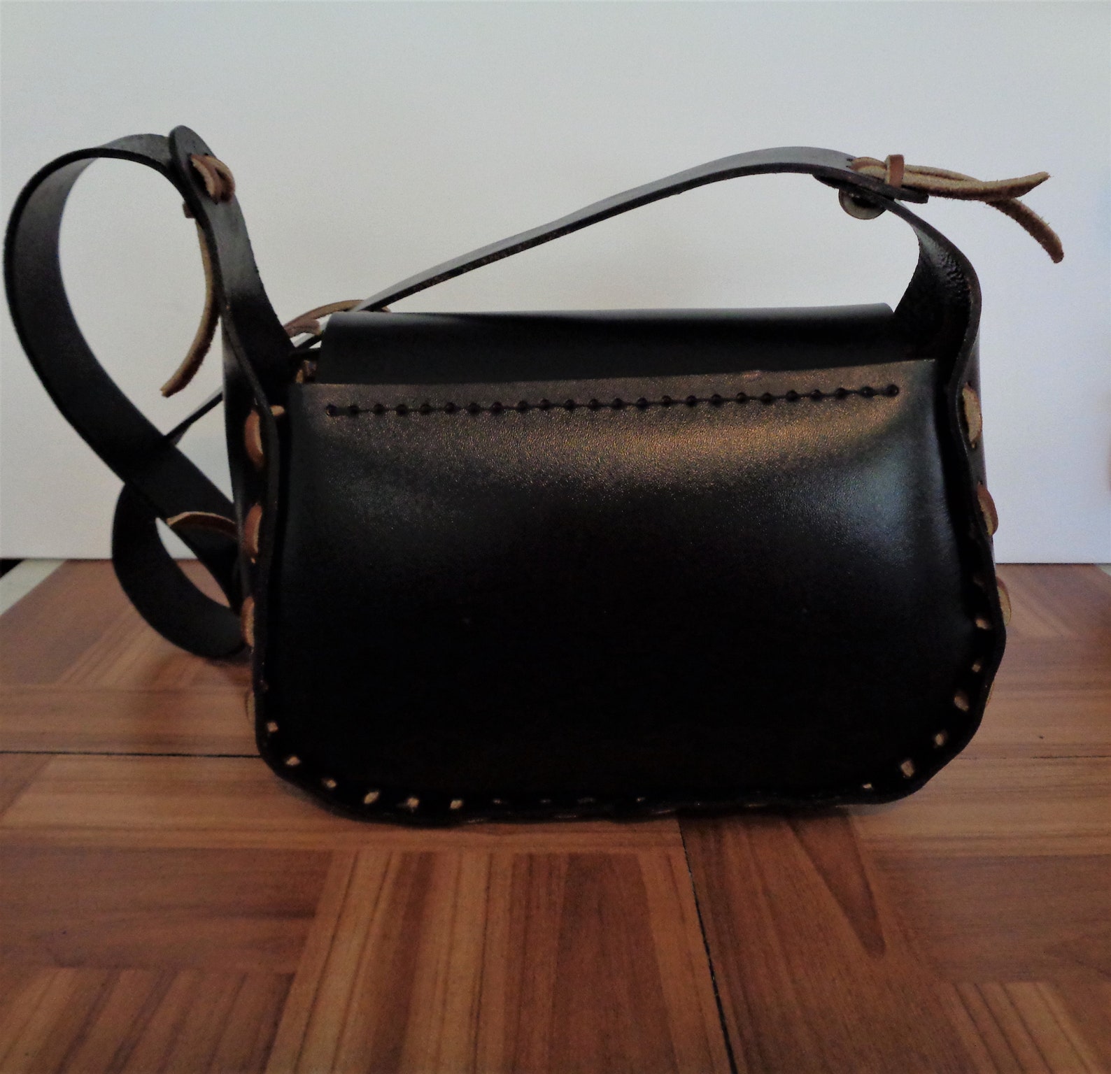 Black stiff ounce leather shoulder bag handmade in USA Etsy