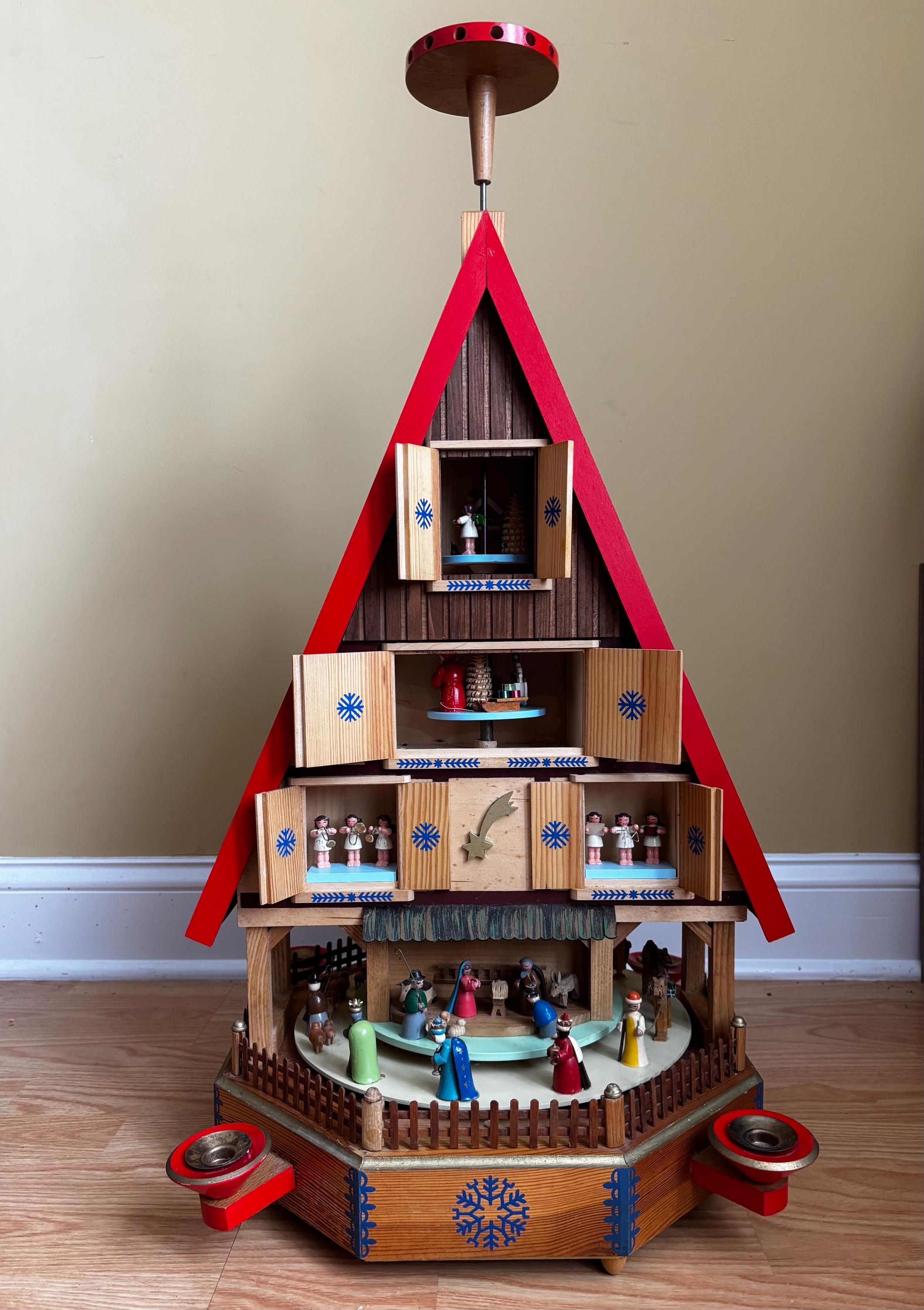 German christmas pyramid Christmas story, 4-tier, height 120 cm / 47 inch, electrical illuminated and driven (230V, 50Hz not for USA and Japan), natural, original by Müller Seiffen - Wooden Christmas