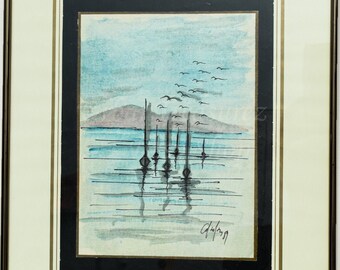 1989 Ship Watercolor Painting, Greek Abstract Painting, Artist Signed Painting, Nautical Ship Painting, Sailing Boat Decor, Captain Gift