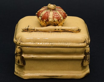 Crown & Sceptre Victorian Box • 19th C. Antique Yellow Ware Ceramic Jewelry box • Anton Tschinkel  • German made for British Market 1890