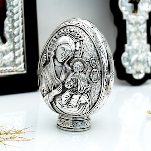 Virgin Mary Altar Statue, Greek Silver Egg, Jesus Christ Statue Figurine Home Altar Figurine, Faberge Egg, Eastern Orthodox Easter Egg Gift