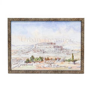Dipinto artistico di Atene Vista dell'Acropoli - Dipinto ad acquerello greco - Vista a volo d'uccello della città di Atene - Dipinto artistico e cornice - Pronto per essere appeso