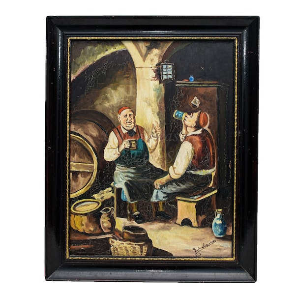 Brasserie, cave à vin, peinture à l'huile, hommes buvant une scène de taverne, cadeau pour amateur de vin/bière, peinture murale de pub antique