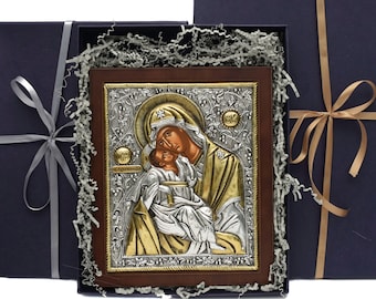 Christian Icon Of Virgin Mary ▷Religious Home Gift ◁ SILVER & GOLD Art Wall Plaque · Priest Gift · THEOTOKOS Panagia Church · Oklad Riza